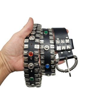 90's Unisex Steampunk Punk Rocker Black Leather Belt‎ 32 Studded Rainbow Gem